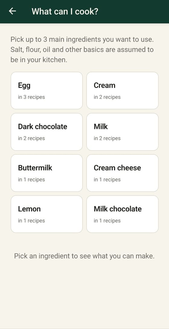 The What can I cook screen, offering ingredients such as egg, cream, dark chocolate and milk, each with how many recipes use it.