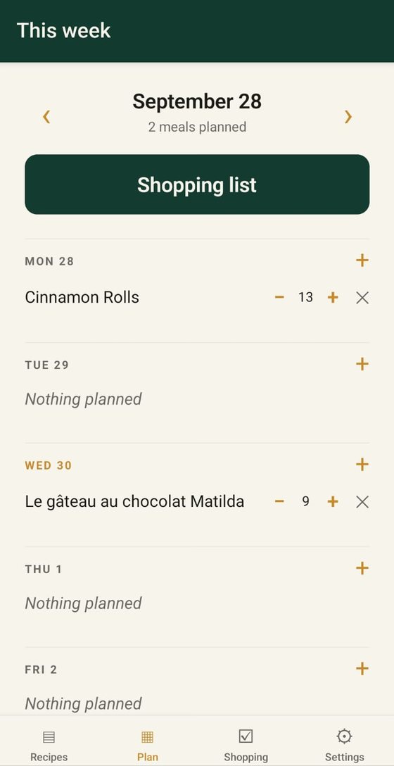 The weekly plan with cinnamon rolls on Monday and a chocolate cake on Wednesday, each with a servings counter.