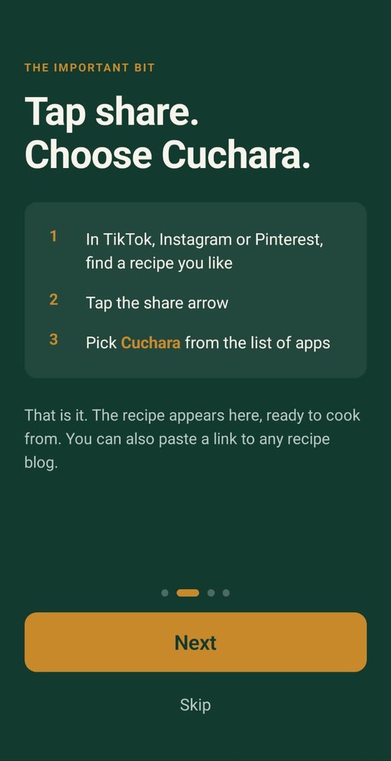Cuchara explaining how to share: find a recipe in TikTok, Instagram or Pinterest, tap the share arrow, pick Cuchara.